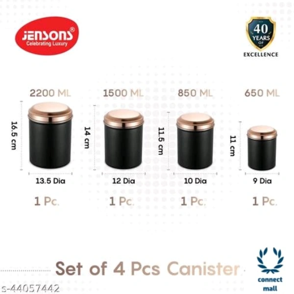 Modern Jars & Containers - LXHXW: 13.5X 16.5 X13.5 cm, MATT BLACK With ROSE GOLD LACQUERED S.Steel Lids, Stainless Steel, Other, Pack of 4